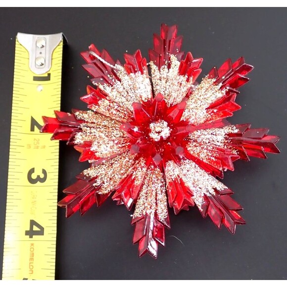 Vintage Ruby Red Gold Glitter Holiday Red 3D Snowflake Christmas Ornament 4.5" - Picture 8 of 9